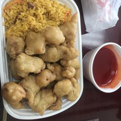Green Tea - Sweet and sour pork with rice.