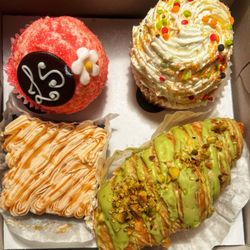 Luscious & Sweet Gourmet Bakery - Sea salt caramel brownie, dubai chocolate croissant, vanilla frosted cupcake, strawberry cake cupcake