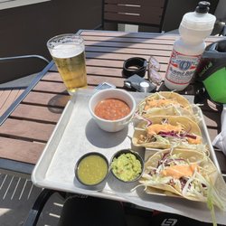 Baylands Cafe - Grilled shrimp tacos and a Peroni beer