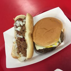 Lake Cove Grill - A cheeseburger and a hot dog all the way (mustard, chili, and onions)