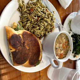 Trio: Roast beef sandwich, chicken & rice soap, orzo pasta