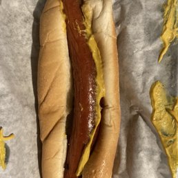 Beef hotdog with mustard Beef hotdog with mustard