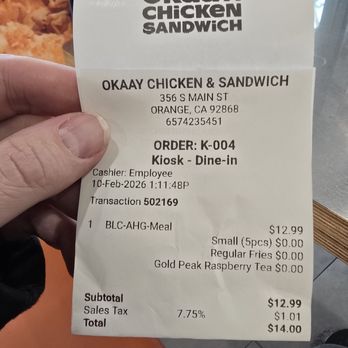 Okaay Chicken - Receipt - Chicken Wings Near Me - Orange, California Okaay Chicken - Receipt - Chicken Wings Near Me - Orange, California