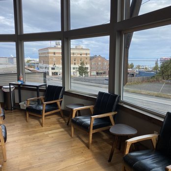 The Coffee Box - Upstairs seating area with a view of the northern coast and Canada. Perfect, relaxing spot to do some reading - Cafes Near Me - Port Angeles, Washington