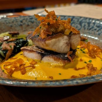 Adrift - Mackerel filets with yummy carrot-ginger puree, mushrooms, bok choy, fried carrot! Delectable. - Bars Near Me - White Stone, Virginia