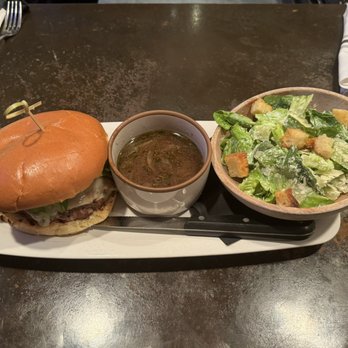 The Railpenny Tavern - French Onion Burger with side Caesar Salad - Bars Near Me - Epping, New Hampshire