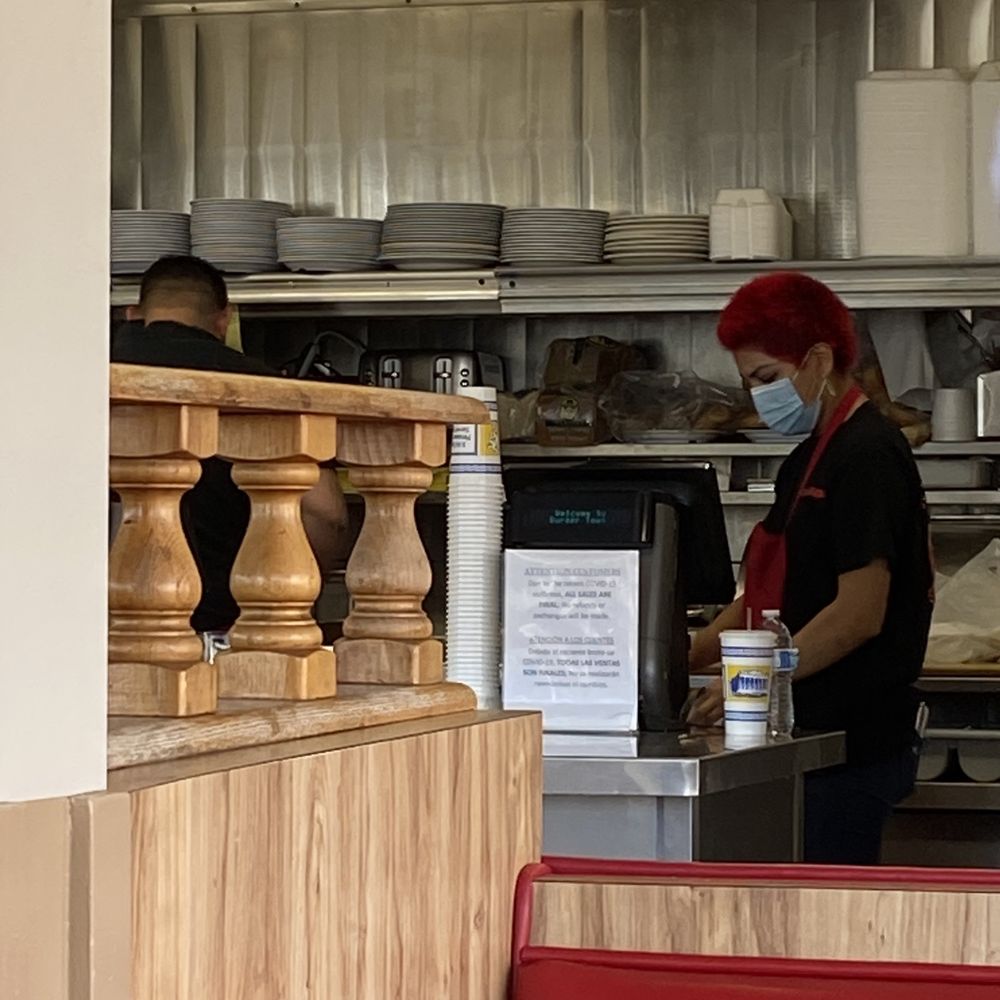 Burger Town - a woman wearing a face mask - Burgers Near Me - Fullerton, California