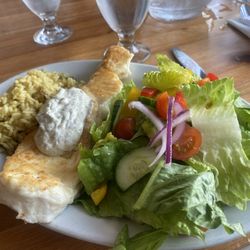 The Daily Catch - Halibut with herbed dill sauce, wild rice, garden salad