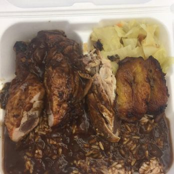 MP Island Cafe - Jerk chicken lunch special with rice and peas and cabbage and 2 pieces of plantains. 5.99 plus tax! - Soul Food Near Me - Norfolk, Virginia