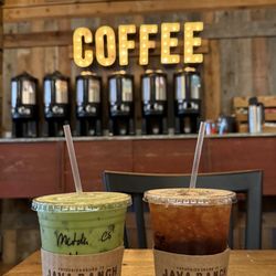 Java Ranch Espresso Bar & Cafe - Matcha latte (oat milk) and cafe latte (oat milk)