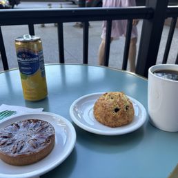 Pecan tart, San Pellegrino Limonata, coffee, blueberry scone Pecan tart, San Pellegrino Limonata, coffee, blueberry scone