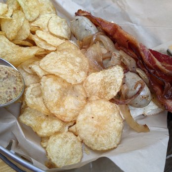 The Butcher's Tale - Sweet Lou's brat; just look at the bacon and caramelized onions! - American Near Me - Minneapolis, Minnesota The Butcher's Tale - Sweet Lou's brat; just look at the bacon and caramelized onions! - American Near Me - Minneapolis, Minnesota