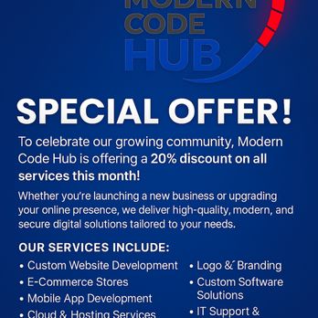 Modern Code Hub - 20% OFF - Modern Code Hub Special Offer!
Modern Code Hub is offering a 20% discount on all services this month! - Software Development Near Me - Springfield, Illinois Modern Code Hub - 20% OFF - Modern Code Hub Special Offer!
Modern Code Hub is offering a 20% discount on all services this month! - Software Development Near Me - Springfield, Illinois