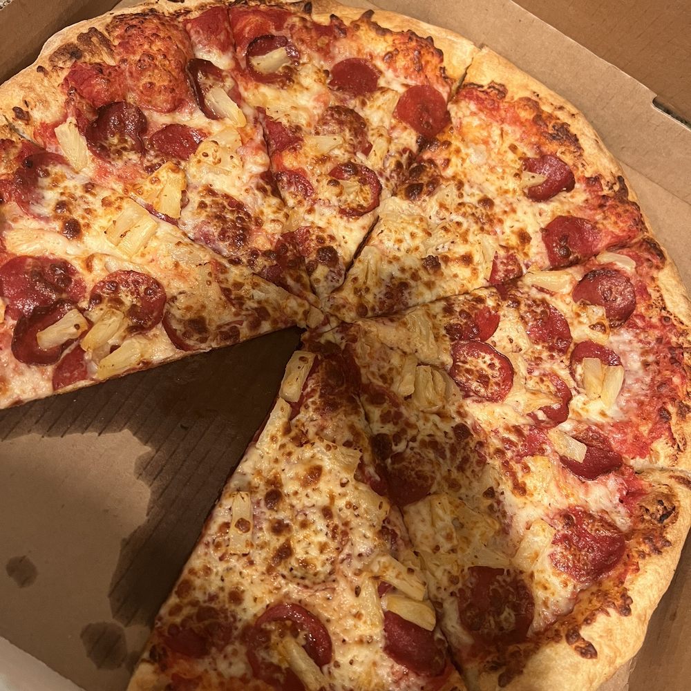 Red Apple Kitchen - Pepperoni and pineapple... 1 slice missing because hubby couldn't wait and our son was picking at the pepperoni. - Pizza Near Me - San Leandro, California Red Apple Kitchen - Pepperoni and pineapple... 1 slice missing because hubby couldn't wait and our son was picking at the pepperoni. - Pizza Near Me - San Leandro, California