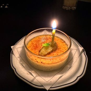 Koloman - Duck egg creme brulee with carmelized pineapple and mint (birthday candle not included) - Austrian Near Me - New York, New York
