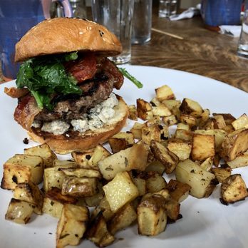 The Hoot - Brunch burger. Super juicy grass-fed beef, tasty bacon, and blue cheese crumbles. - New American Near Me - Northport, Maine The Hoot - Brunch burger. Super juicy grass-fed beef, tasty bacon, and blue cheese crumbles. - New American Near Me - Northport, Maine