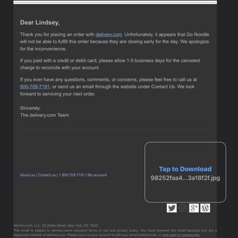 Go Noodle Nine Moon - Email I received an hour after ordered. Such lies. - Chinese Near Me - New York, New York