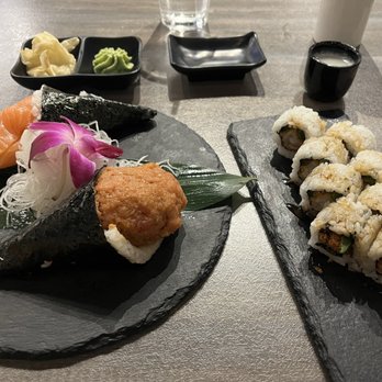 Tamashi Westside - salmon hand roll, spicy tuna hand roll, shrimp tempura roll, unfiltered sake. - Japanese Near Me - Albuquerque, New Mexico