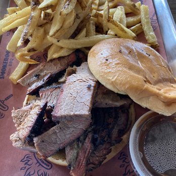 Smokeroom BBQ - Sliced brisket sandwich ($9) with homemade fries ($2.75). Meat was tender and smoky! - Barbeque Near Me - Houston, Texas Smokeroom BBQ - Sliced brisket sandwich ($9) with homemade fries ($2.75). Meat was tender and smoky! - Barbeque Near Me - Houston, Texas