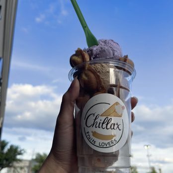 Chillax - Ube & viet coffee ice cream in a bubble waffle cone - Ice Cream & Frozen Yogurt Near Me - Houston, Texas Chillax - Ube & viet coffee ice cream in a bubble waffle cone - Ice Cream & Frozen Yogurt Near Me - Houston, Texas