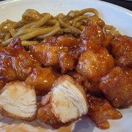 Inside the awesome Orange Chicken. Large fresh cut chunks of white meat that were moist and delicate.