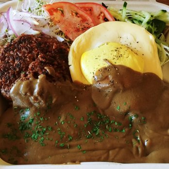 Peace Café - Locomoco with mushroom gravy. The "egg" is made from tofu. I was told that it's their most popular item and always sells out. - Vegan Near Me - Honolulu, Hawaii Peace Café - Locomoco with mushroom gravy. The "egg" is made from tofu. I was told that it's their most popular item and always sells out. - Vegan Near Me - Honolulu, Hawaii