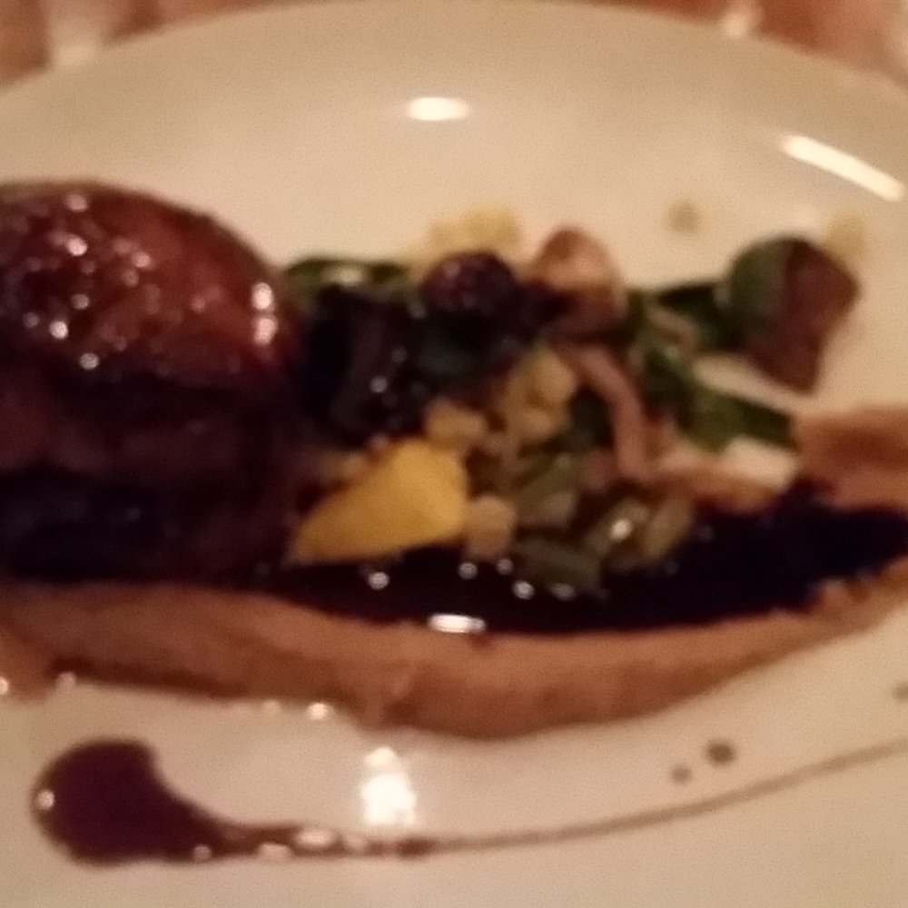 Chez Mathilde - MY QUAIL (do you hear me... it's MINE....ALL MINE)... see that lovely painted line of caramel hazelnut sauce? - Canadian (New) Near Me - Tadoussac, Quebec