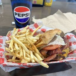 Big Bad Bacon Cheddar Burger, fries, and Dr.Pepper. Big Bad Bacon Cheddar Burger, fries, and Dr.Pepper.