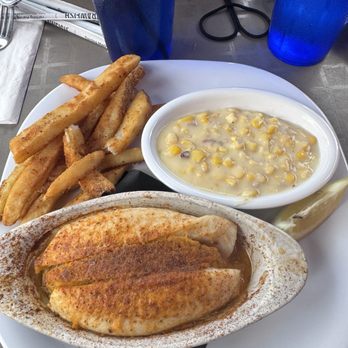 Crabby's Oceanside - Stuffed Flounder, Creamed Corn with Bacon, and Crispy Fries - Seafood Near Me - Daytona Beach, Florida