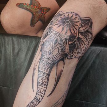 Broken Art Tattoo - I always wanted to get an elephant head on my knee. This one is a Hindu and native American infusion with surf waves - Tattoo Near Me - Los Angeles, California
