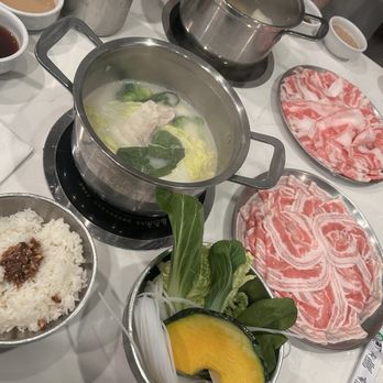 Miyabi Shabu And Grill - Regular sized pork belly and tonkotsu broth with assorted veggies, your choice of noodles, and rice. - Japanese Near Me - Irvine, California