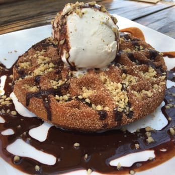 Seabirds Kitchen - Churro waffle topped with vanilla ice cream, chocolate syrup and nuts. - Vegan Near Me - Costa Mesa, California