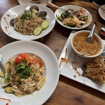 Yes Siam Thai Cafe & Bar - The feast: Crab Fried Rice, Papaya Salad, Deep-fried Enoki Mushroom, and Pad Woon Sen - Thai Near Me - Seattle, Washington Yes Siam Thai Cafe & Bar - The feast: Crab Fried Rice, Papaya Salad, Deep-fried Enoki Mushroom, and Pad Woon Sen - Thai Near Me - Seattle, Washington