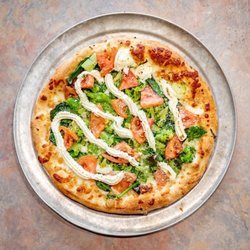 Bruno's Pizza 16 Acres - Personal 10" Bianco Pizza - White Garlic Sauce, Mozzarella, Spinach, Broccoli, Chopped Tomatoes, Ricotta, and Parmesan Cheese
