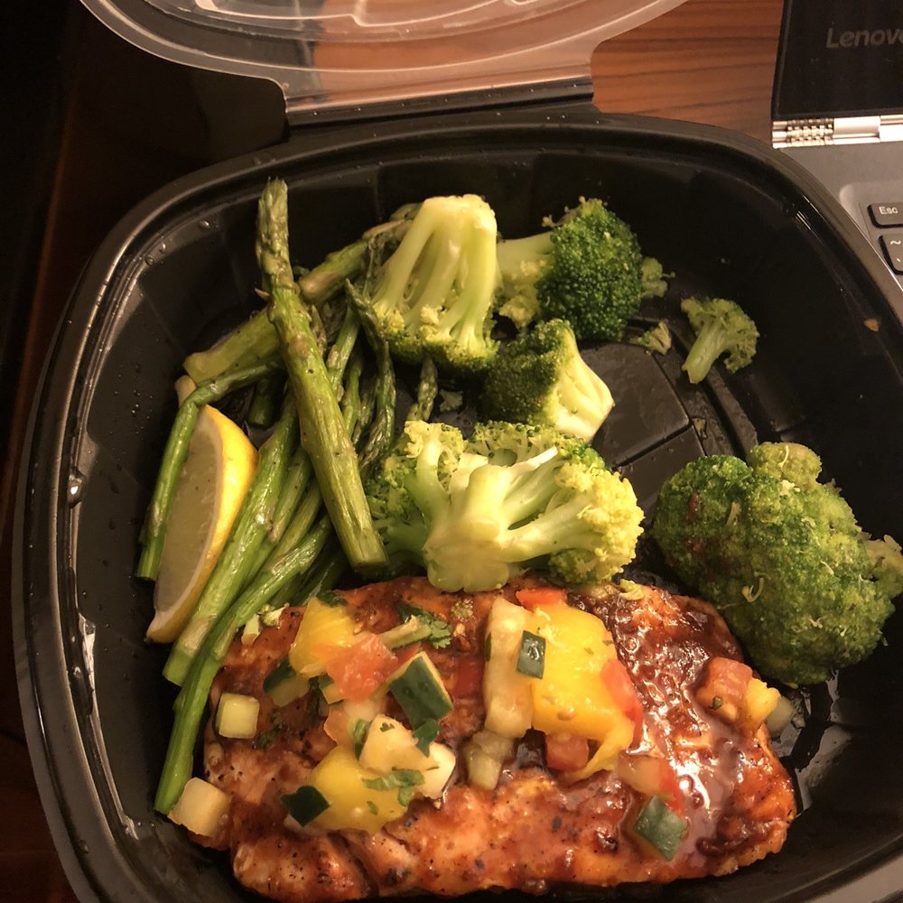Bahama Breeze - Sunburnt Salmon w Asparagus and Broccoli as my sides. $20 w a soda. Wow! - Caribbean Near Me - Duluth, Georgia