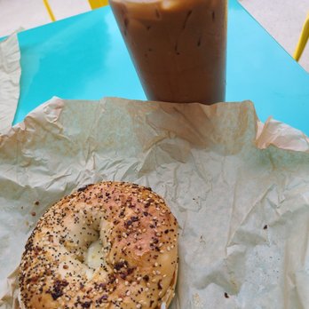 Paradigm Coffee and Music - a bagel and iced coffee - Music Venues Near Me - Sheboygan, Wisconsin