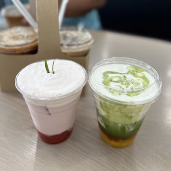 DAMO - Strawberry Einspanner (left) and Mango Cream Matcha (right) - Coffee & Tea Near Me - Los Angeles, California