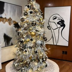 Brookglen Designs - 7.5 Ft Live Christmas Tree with black, gold, and white ornamentation.
