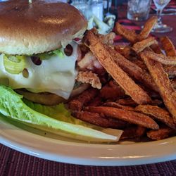 Mt Shasta - Dill pickle fried chicken sandwich with sweet potato fries