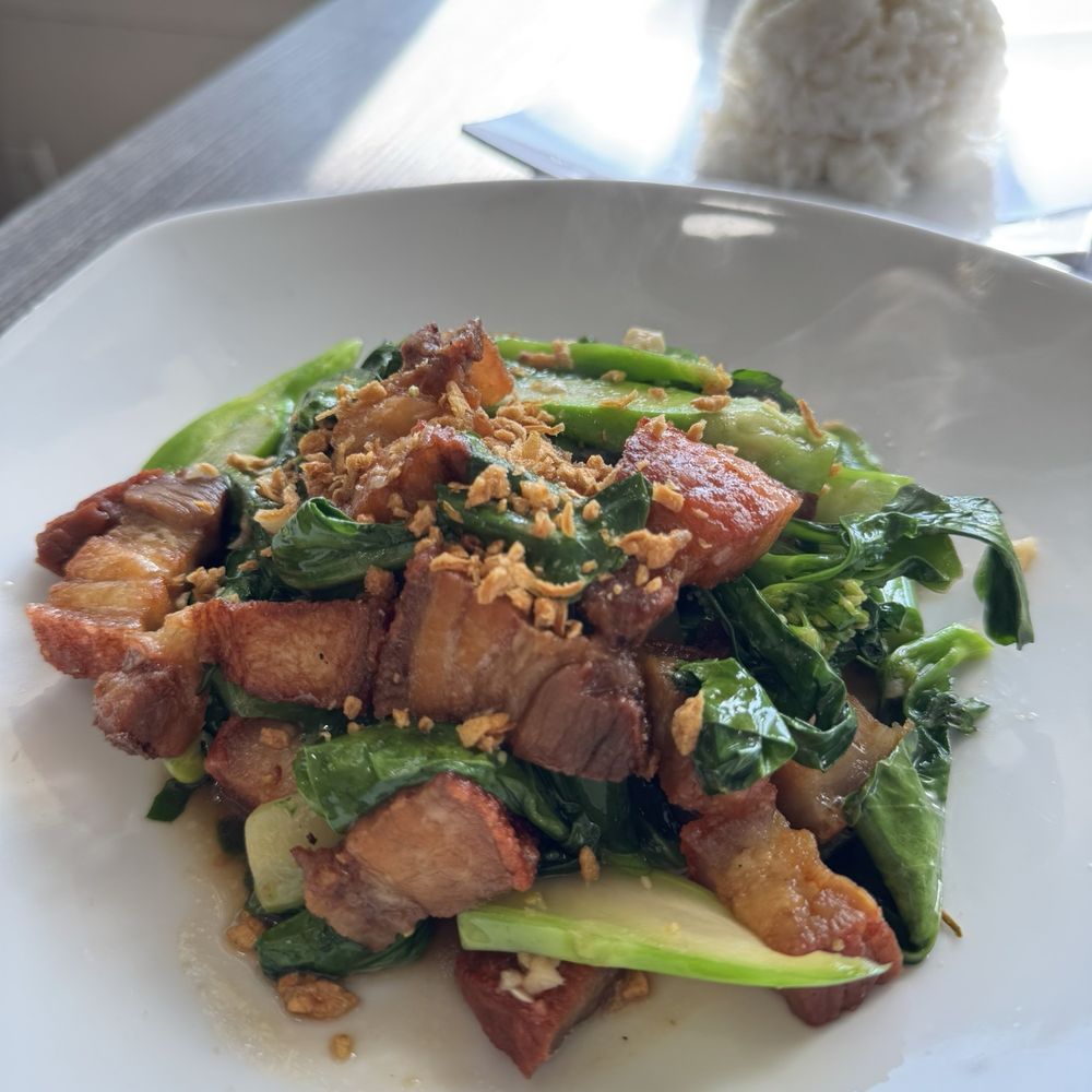 Kin Saep - Crispy Pork Belly with Chinese broccoli - Thai Near Me - San Diego, California Kin Saep - Crispy Pork Belly with Chinese broccoli - Thai Near Me - San Diego, California