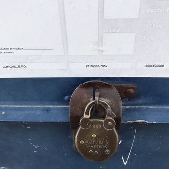 US Post Office - Old school lock on the USPS drop box out side the office - Post Offices Near Me - Longville, Minnesota US Post Office - Old school lock on the USPS drop box out side the office - Post Offices Near Me - Longville, Minnesota