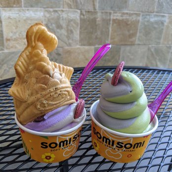 Somisomi - Matcha sesame swirl and ube Oreo swirl with red bean filled taiyaki. - Ice Cream & Frozen Yogurt Near Me - Irvine, California Somisomi - Matcha sesame swirl and ube Oreo swirl with red bean filled taiyaki. - Ice Cream & Frozen Yogurt Near Me - Irvine, California