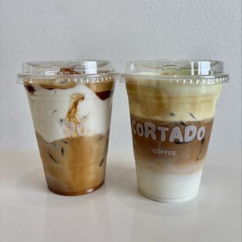 Cortado Coffee - LEFT: Einspanner with oat milk RIGHT: Pistachio Cream Latte - Coffee & Tea Near Me - Garden Grove, California
