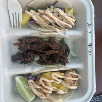 Garbo's Grill - We came during happy hour. This is the Taco Trio. Korean bbq, cayo fish and yum yum shrimp. - Food Trucks Near Me - Key West, Florida