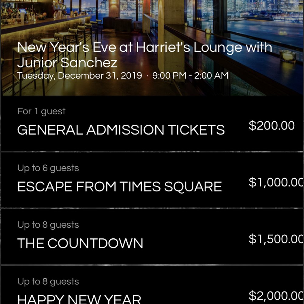 Harriet's Rooftop - New Years Package options - Lounges Near Me - Brooklyn, New York