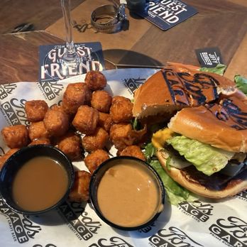 Ford's Garage Norwood - Jiffy burger & sweet potato tots with caramel - Bars Near Me - Norwood, Ohio