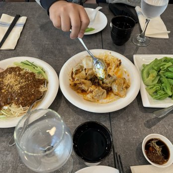 Prince Dumpling - 1/5: Dan Dan noodles (Sesame sauce) 1/5: Shrimp and Kurobuta Pork Spicy Wontons 4/5: Mustard greens with garlic (can't go wrong) - Dim Sum Near Me - Rosemead, California