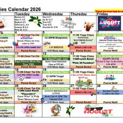 The Oaks of Pasadena - Monthly calendar of events and activities at The Oaks of Pasadena senior independent living community for August, 2026.