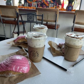 Pana's Cafe - Cookie butter latte w the Pana Latte and pink heart shaped concha's - Desserts Near Me - Commerce, California Pana's Cafe - Cookie butter latte w the Pana Latte and pink heart shaped concha's - Desserts Near Me - Commerce, California
