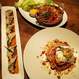 Chinatown Chicken Lettuce Wraps, Japanese Gyoza and Spaghetti Pomodoro